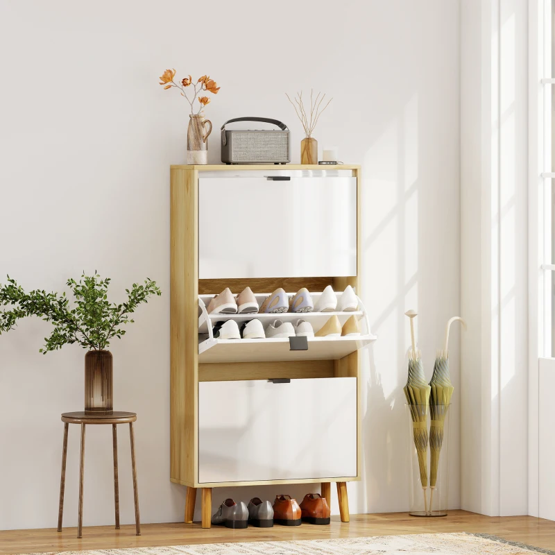 HOMCOM Sapateira Estreita com 3 Portas em Branco Brilhante Prateleiras Ajustáveis Pernas de Madeira para 18 Pares de Sapatos 60x24x127 cm
