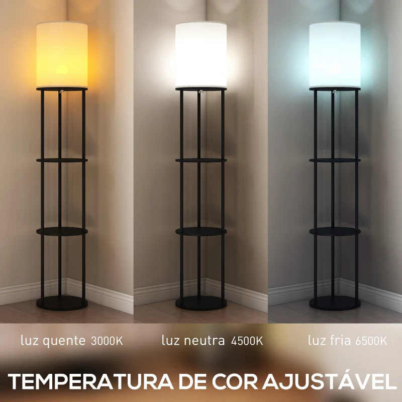HOMCOM Candeeiro de Pé com Prateleiras 3 Temperaturas de Cor Controlo Remoto e Casquilho E27 Ø29x158 cm Preto