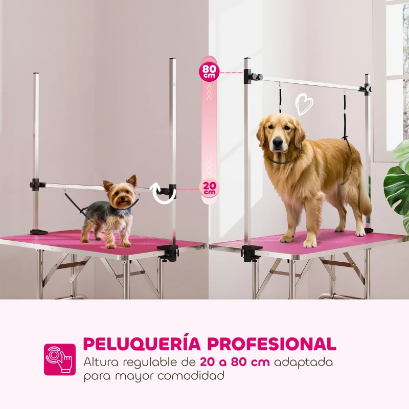 PawHut Mesa de Peluquería Canina Plegable con Cesta Metálica Barra de Acero Inoxidable Ajustable 107x60x164 cm Rosa