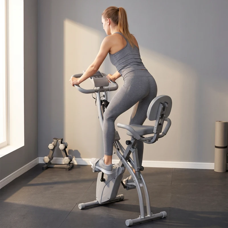 HOMCOM Heimtrainer 2-in-1 Fahrradtrainer mit LCD-Display Pulsmesser verstellbar Sitz Räder, klappbarer Hometrainer Trimmrad mit 8 stufig Magnetwiderstand, Spannseil, Stahl