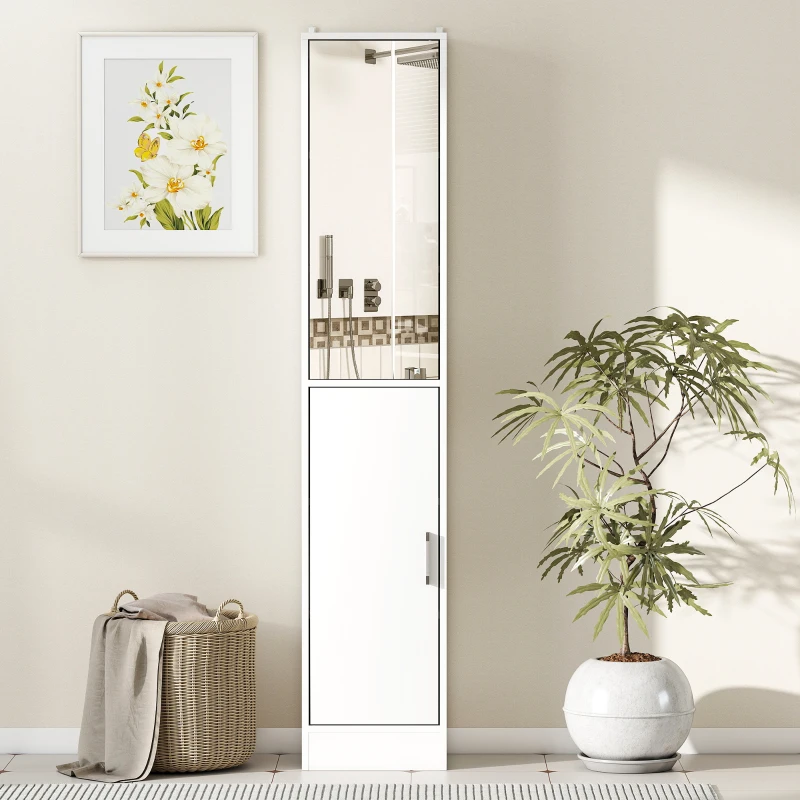 kleankin Mobile Colonna Bagno in Legno a 5 Ripiani con Anta a Specchio Apribile, 32x28x162 cm, Bianco