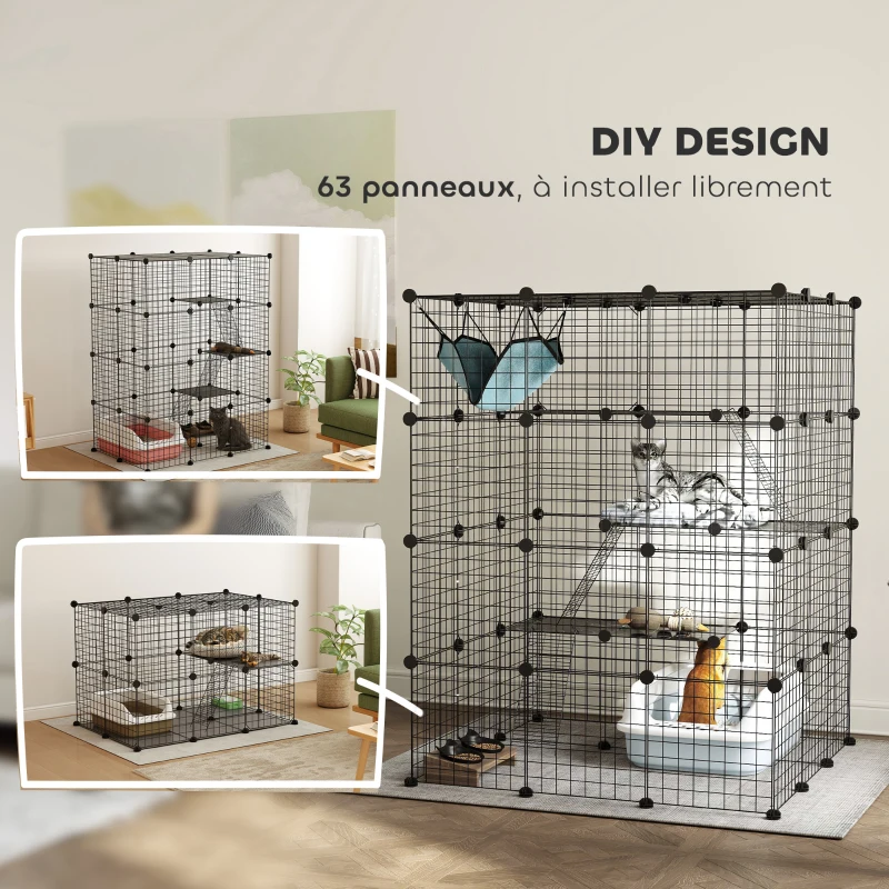 PawHut Clôture pour animaux domestiques lapin enclos intérieur 4 niveaux modulable panneaux grillagés 105 x 105 x 140 cm noir