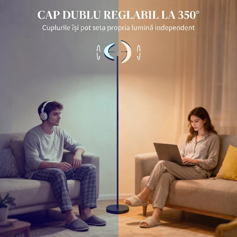 HOMCOM Lampă de Podea Reglabilă cu Telecomandă și Două Capete Rotative 350°, Reglare Temperatură Culoare 2700K-6000K, pentru Living și Dormitor, Negru