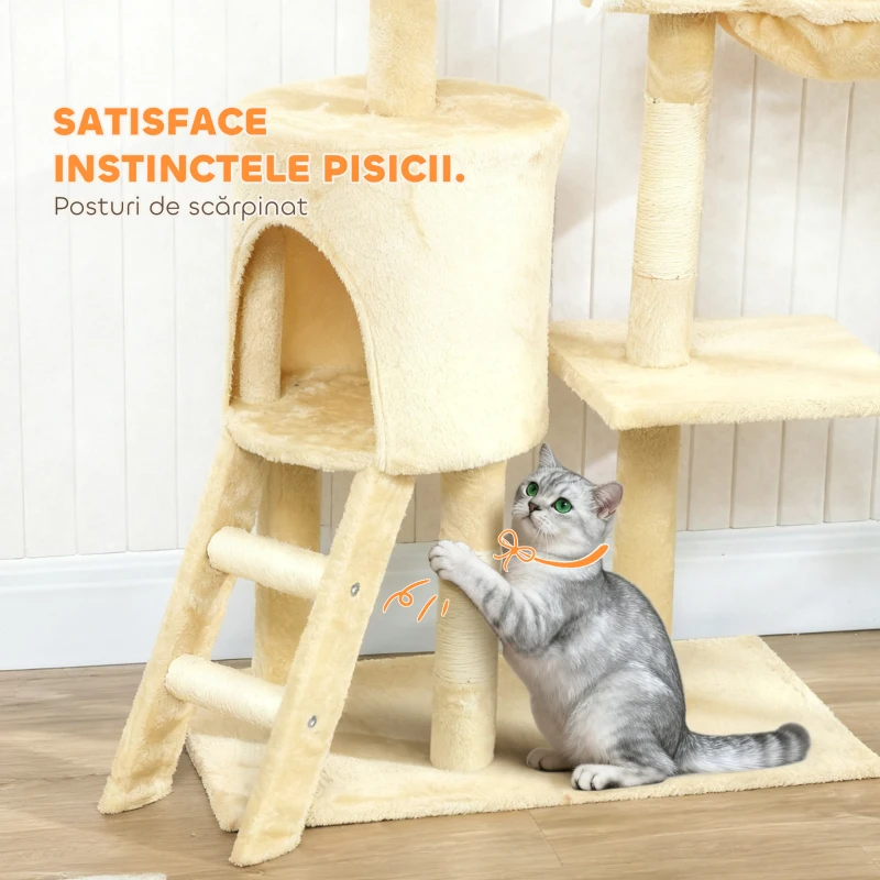 PawHut Turn pentru Pisici cu Căsuță, Platformă, Suport și 4 Șoricei Agățați, 60x35x134 cm, Bej