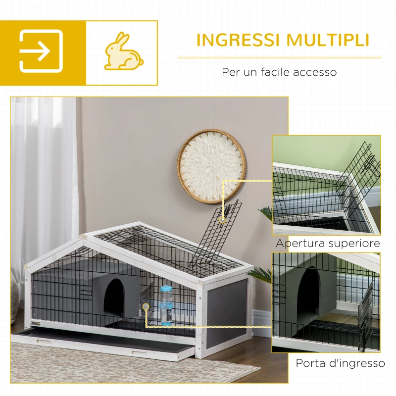 PawHut Conigliera in Legno con Casetta e Area Aperta per 1 Coniglio, 90x53x50cm, Grigio Scuro