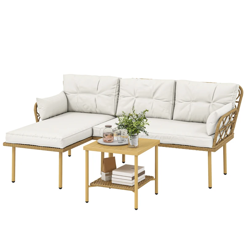 Outsunny Conjunto de Jardim Exterior em Vime com 1 Sofá de Dois Lugares 1 Espreguiçadeira e 1 Mesa de Centro Madeira e Creme