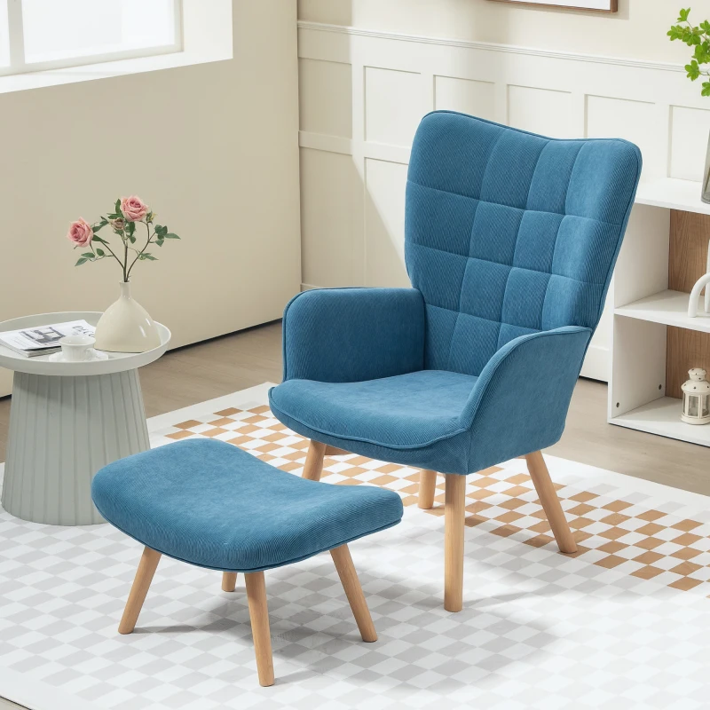 HOMCOM Akzentsessel mit Hocker, Relaxsessel in Cord-Optik, Armlehnstuhl mit Holzbeinen, für Wohnzimmer, Blau(m-2)