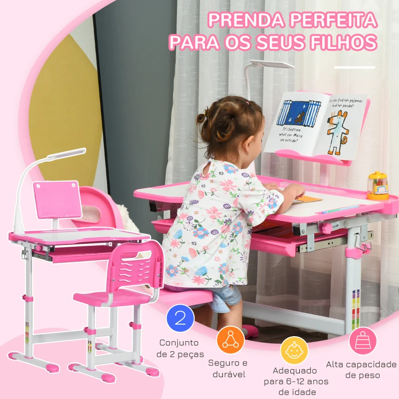 HOMCOM Conjunto de Secretária e Mesa para Crianças acima de 6 Anos com Altura Ajustável Mesa Inclinável e Lâmpada Rosa