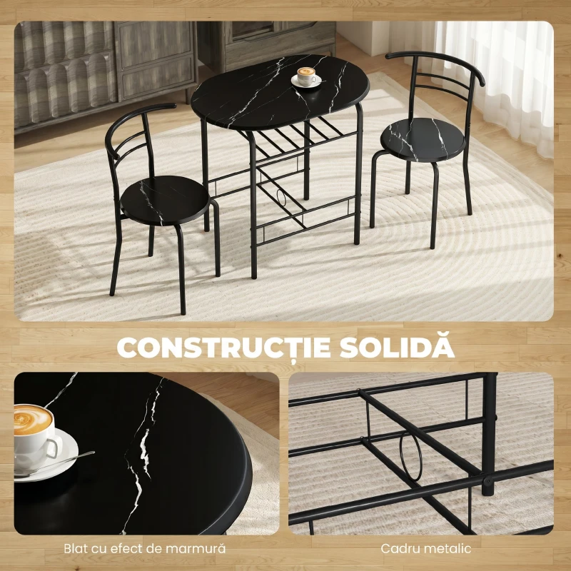 HOMCOM Set Masă Modernă cu 2 Scaune pentru Dining, Set 3 Piese Economisitoare de Spațiu, Negru