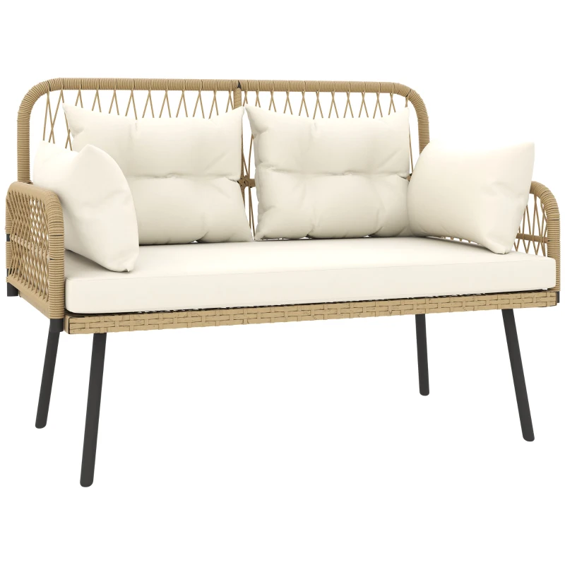 Outsunny Gartensofa mit Kissen 2-Sitzer Sofa Outdoor Balkon Sofa Rattansofa Polyrattan 115 x 61 x 82 cm Naturholz