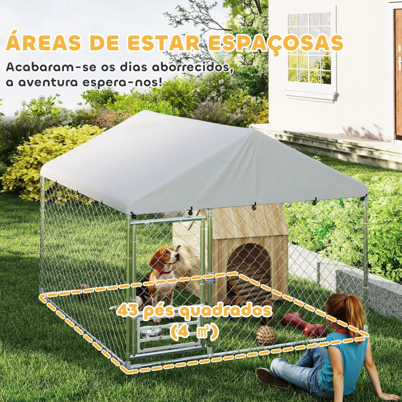 PawHut Canil Exterior com Toldo 2x2x1,54 m Gaiola para Cães em Aço Galvanizado com Suporte para Comida Giratório e Ajustável Prata