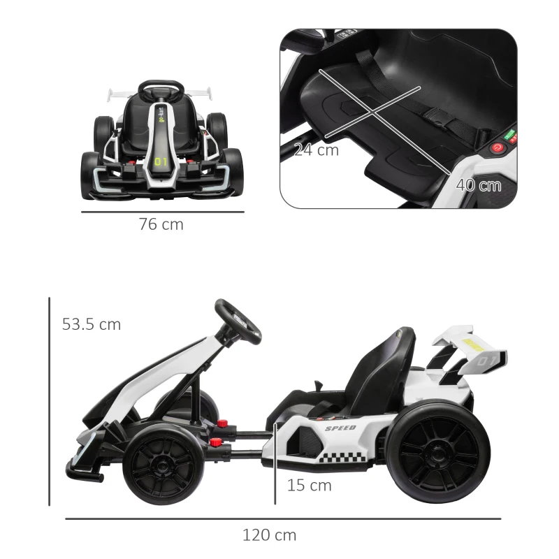HOMCOM Go-kart electric pentru copii de 6-12 ani, 24V, 12 km/h, cu scaun reglabil, alb(m-3)
