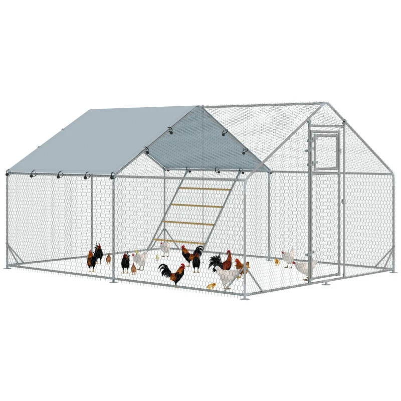 PawHut Enclos poulailler extérieur parc grillagé 12 m² avec perchoir et mangeoire acier galvanisé Ø25mm 300x400x195cm argent