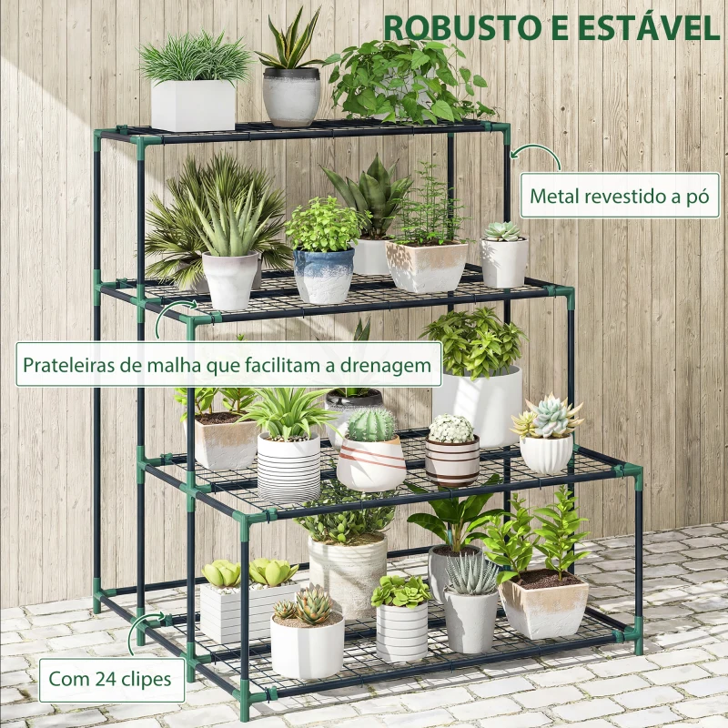 Outsunny Suporte para Plantas de 4 Níveis com Design em Escada e Estrutura Metálica Resistente para Interior e Exterior Verde