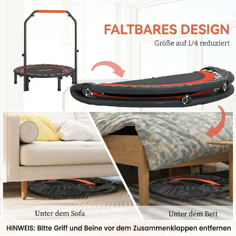 SPORTNOW Mini-Trampolin, mit höhenverstellbarem Haltegriff, LCD-Monitor, Stahl, schwarz+rot, Ø102 x 99-123cm