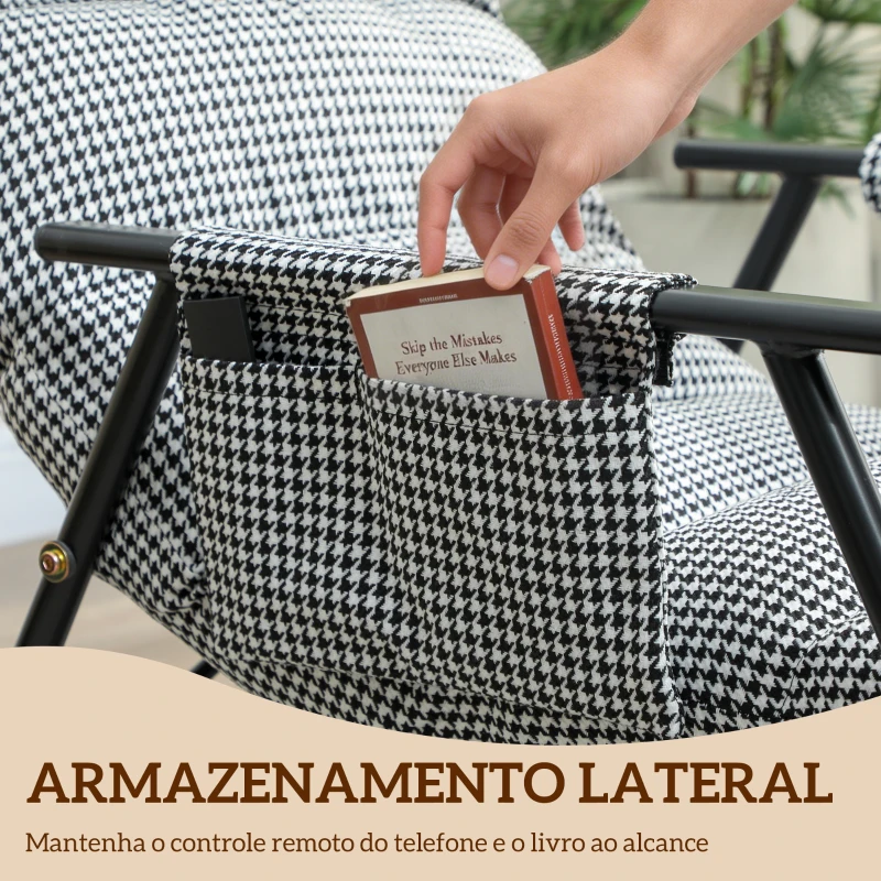 HOMCOM Poltrona Baloiço com Encosto e Apoia-Pés Ajustáveis 105° Estofada em Linho com Bolso Lateral e Estrutura de Metal Preto e Branco