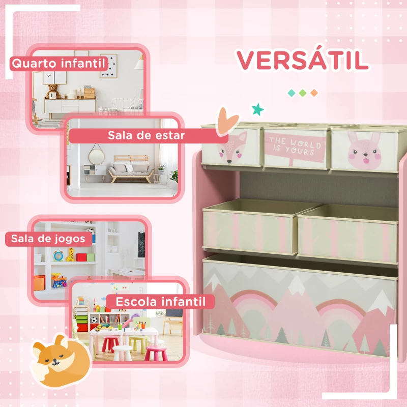 ZONEKIZ Estante para Brinquedos com 6 Caixas de Tecido não Tecido Amovíveis Organizador de Brinquedos 63x30x66 cm Rosa