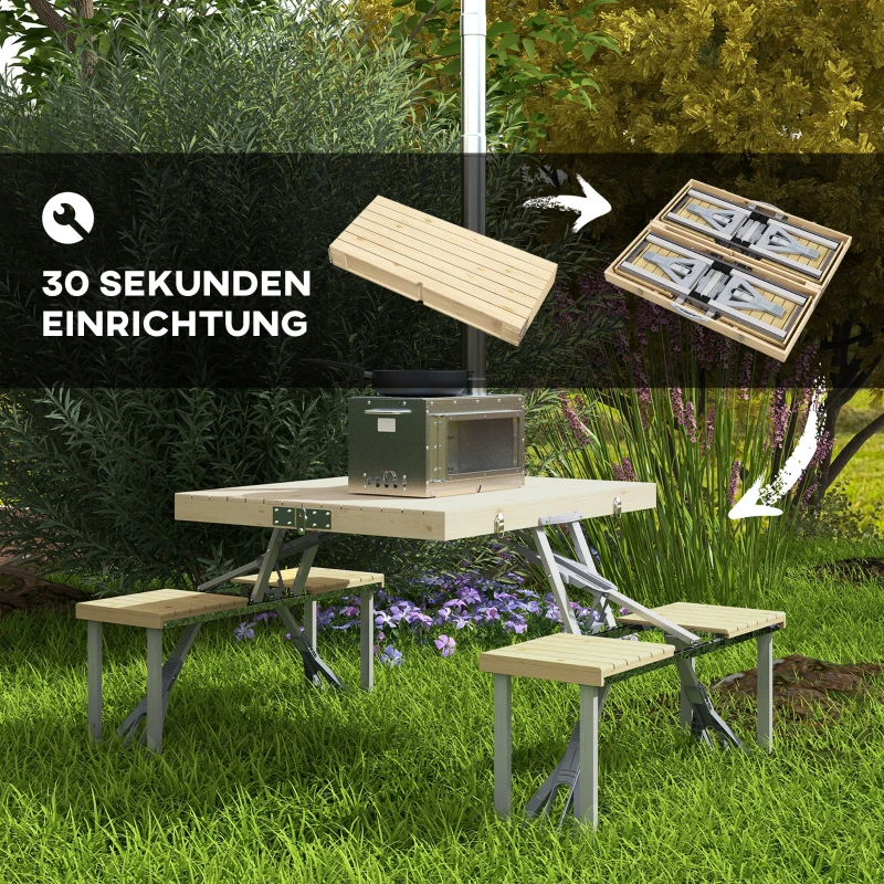 Outsunny Campingtisch, faltbar, 4 Sitzplätze, Schirmloch, Holztischplatte, Aluminiumrahmen, 85,5x72,5x67cm