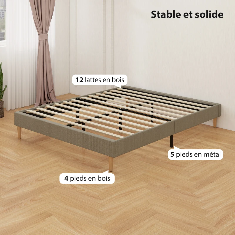 HOMCOM Cadre de lit 160 x 200 cm avec sommier à lattes en bois, lit double rembourré en velours côtelé, gris