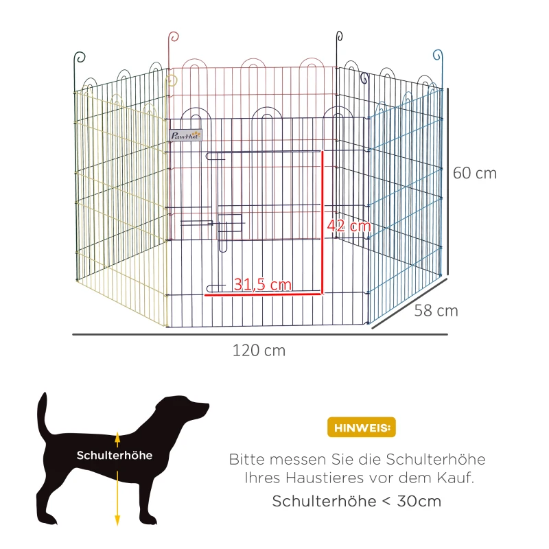 PawHut Freilaufgehege, Welpenauslauf, modulares Design, verriegelbar, Metall, Ø120x60H cm, Bunt