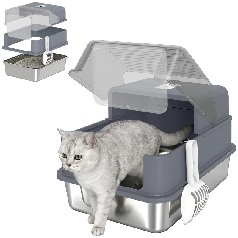 PawHut Bac à Litière pour Chat en Acier Inox. 2 en 1 Couvercle Pelle Filtres Sacs Désodorisants Grande Taille 48x38x34cm Gris