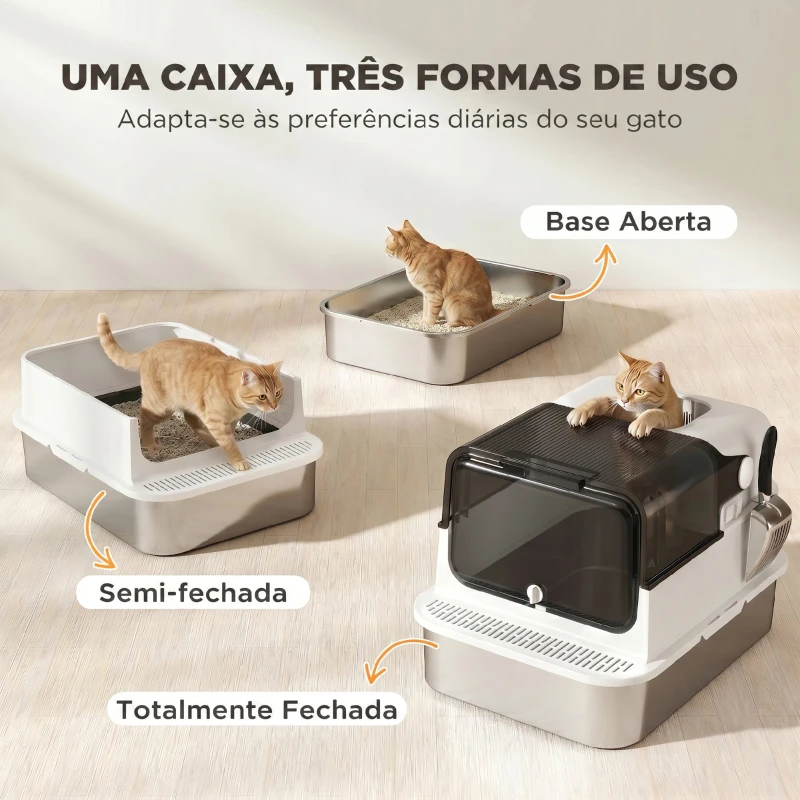 PawHut Caixa de Areia para Gatos XXL em Aço Inoxidável com Tampa Basculante, Laterais Altas e Entrada Superior - Branco