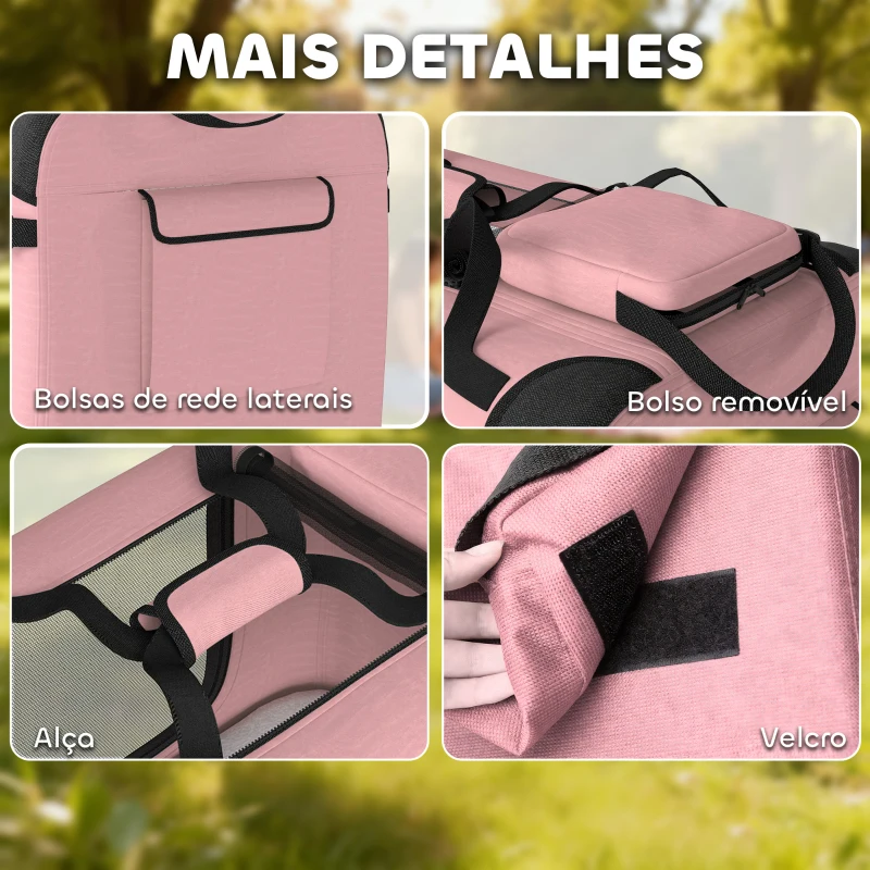 PawHut Transportadora Dobrável para Cães 60x41,5x41 cm com Janelas de Rede, Almofada Macia e 2 Alças para Mini Cães e Gatos Rosa