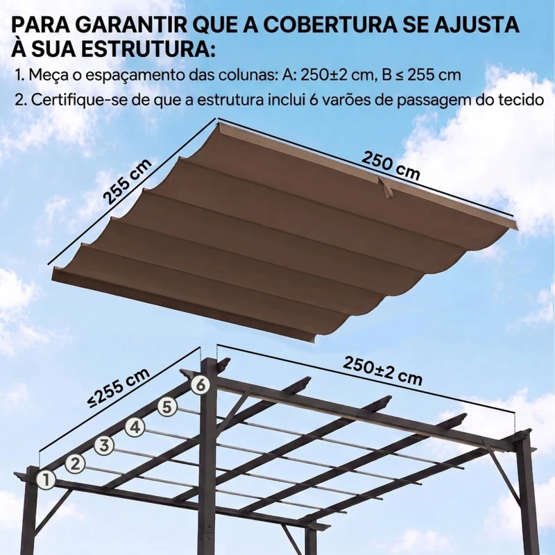 Outsunny Cobertura para Pérgola 2,5x2,55cm Teto de Substituição Retrátil para Pérgola com 10 Orifícios de Drenagem Café
