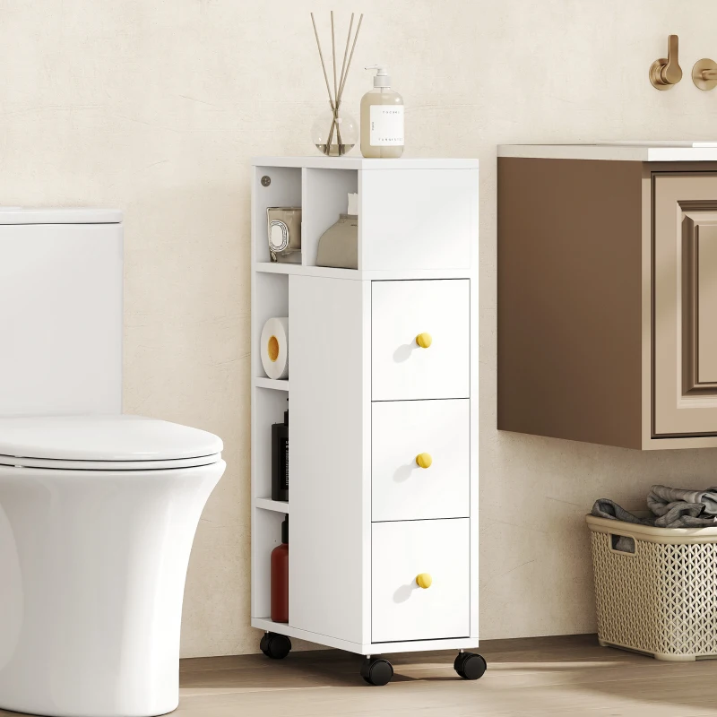 HOMCOM Dulap de Baie Compact cu Roți, 3 Sertare și 5 Compartimente cu Rafturi Reglabile, 20x40x80 cm, Alb