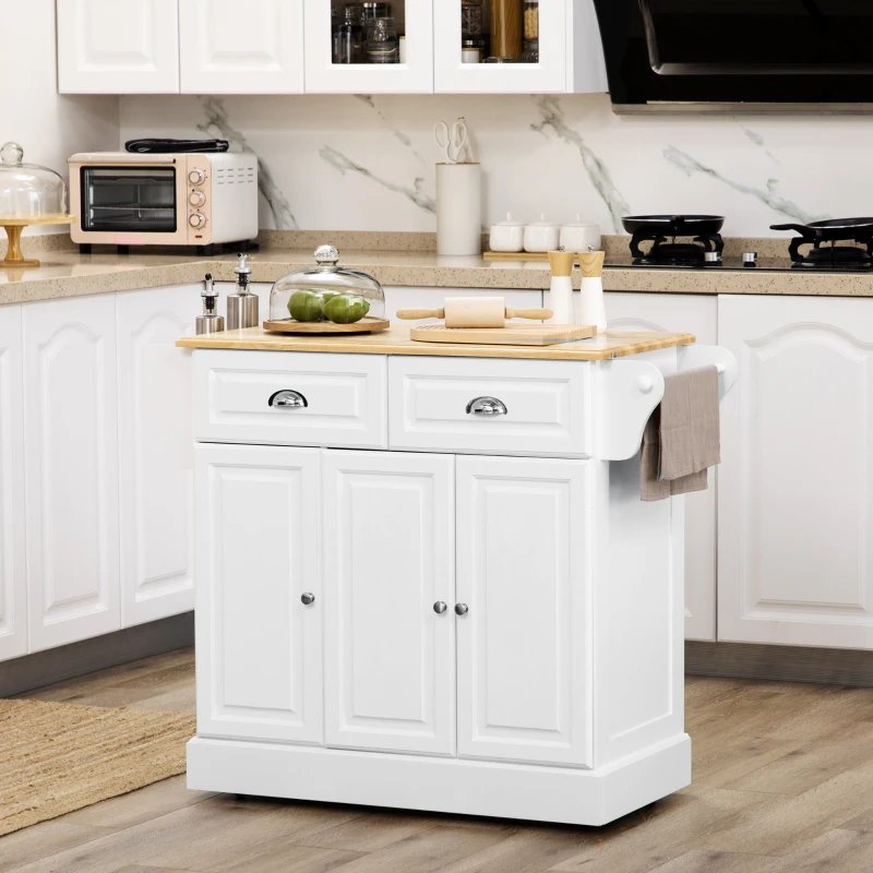 HOMCOM Carrinho de Cozinha com Rodas 2 Gavetas 3 Armários Suporte para Panos e para Temperos para Sala de Jantar 110x45x89cm Branco