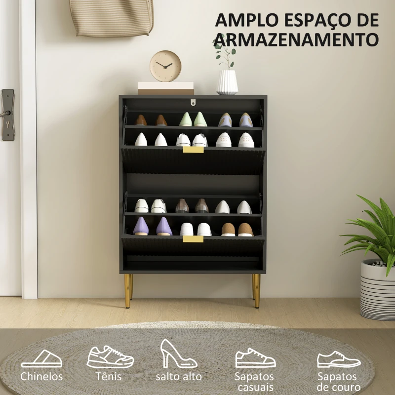HOMCOM Sapateira Estreita com 2 Portas Caneladas e Prateleiras Ajustáveis para 12 Pares de Sapatos, 60x24x91,5 cm, Preto