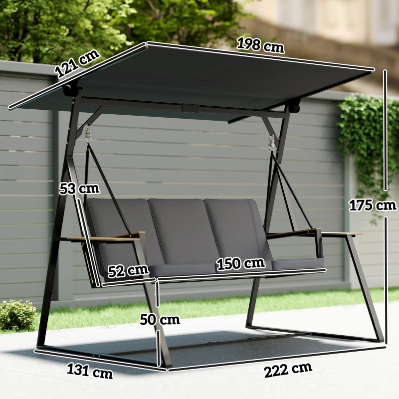 Outsunny Baloiço de Jardim de 3 Lugares com Teto Ajustável UPF50+ 2 Bandejas Almofadas e Estrutura em Metal 222x131x175 cm Cinza