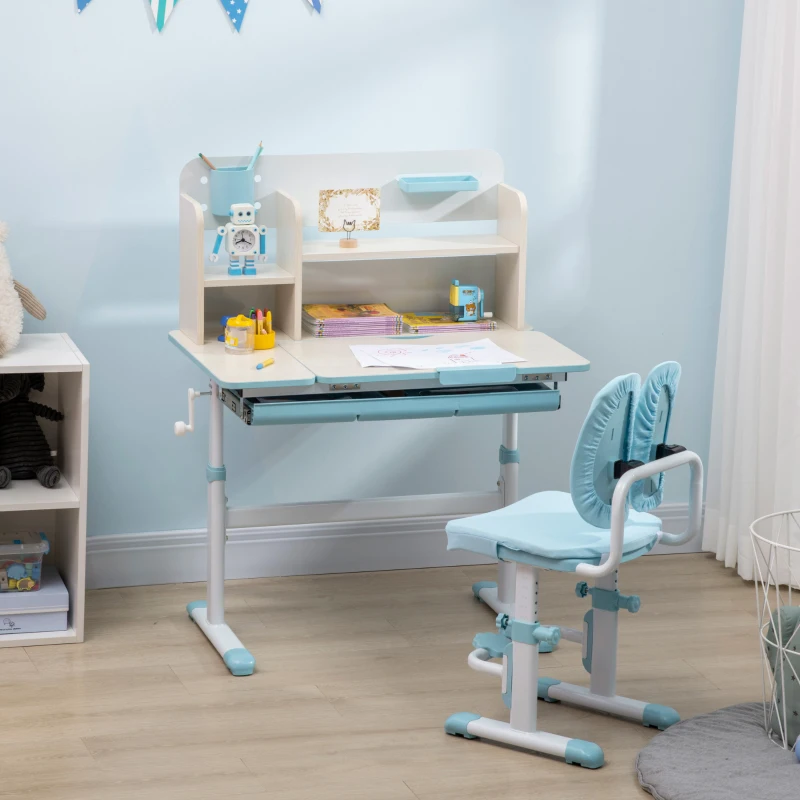 HOMCOM Conjunto de Secretária e Cadeira para Crianças com Altura Ajustável Gaveta Prateleiras e Bancada Inclinável 80x52x88-109 cm Azul e Branco