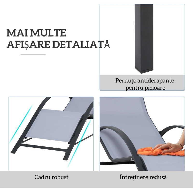 Outsunny Set de 2 șezlonguri și măsuță cu blat din sticlă, 59x169x66 cm, gri deschis