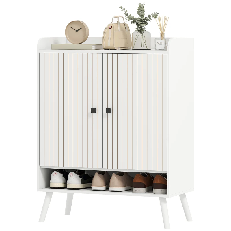 HOMCOM Sapateira de 2 Portas em Ripas Sapateira para Entrada com Prateleiras Ajustáveis Compartimento Aberto para 15 Pares de Sapatos 75x35x97 cm Branco