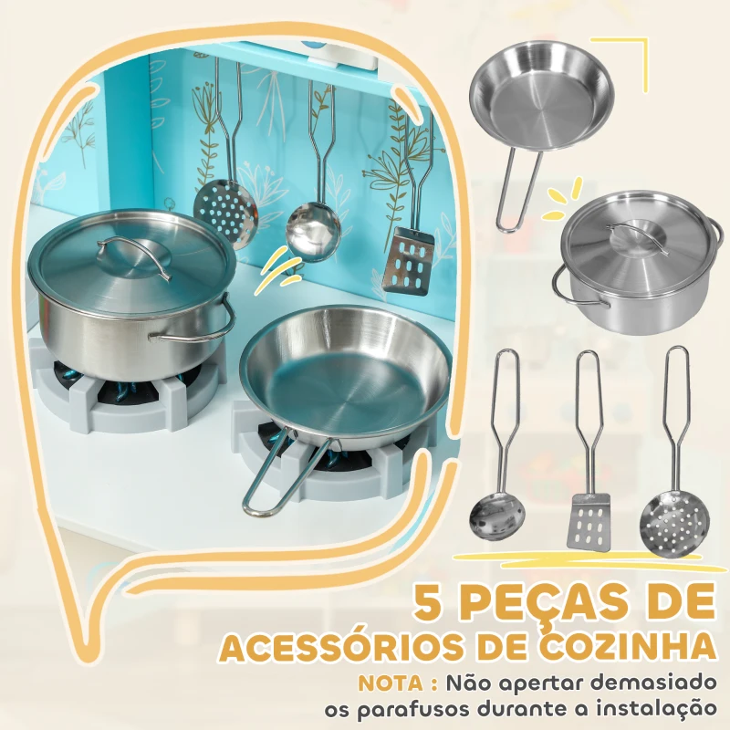 AIYAPLAY Cozinha de Madeira para Crianças com Sons Fogão Forno Micro-Ondas Máquina de Gelo e Acessórios 90x33,3x91,6 cm Azul