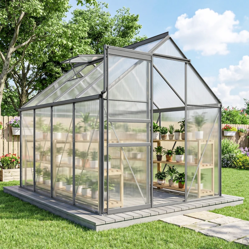 Outsunny Serre de jardin en polycarbonate 4,8 m²avec fondation, lucarne réglable, porte coulissante 1,9x2,53x1,99m transparent