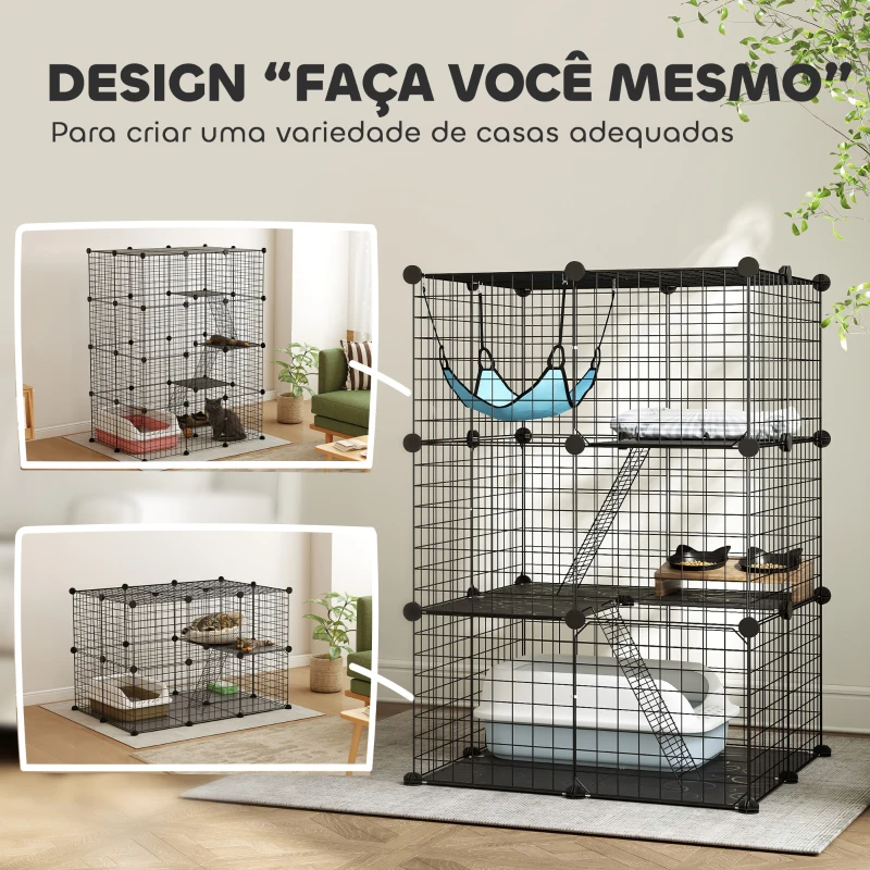 PawHut Gaiola Interior para Gatos de 3 Níveis em Aço com 3 Portas, 2 Escadas e Rede, 70x70x105 cm, Preto