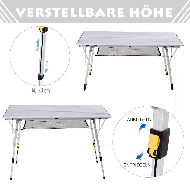 Outsunny Picknick Klapptisch, Falttisch, Höhenverstellbarer Campingtisch, Inkl. Tragetasche, Aluminium, Silber, 120 x 69 x 59-78 cm