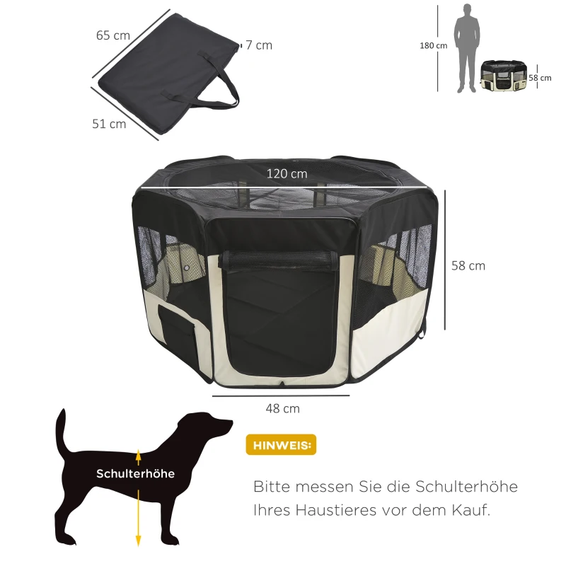 PawHut Welpenauslauf faltbar Netzabdeckung Hundelaufstall atmungsaktives Netz Ø120 x 58H cm Schwarz+Cremeweiß
