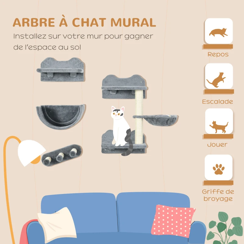 PawHut Arbre à chat parcours mural complet 4 pièces griffoir hamac plateforme sisal peluche gris