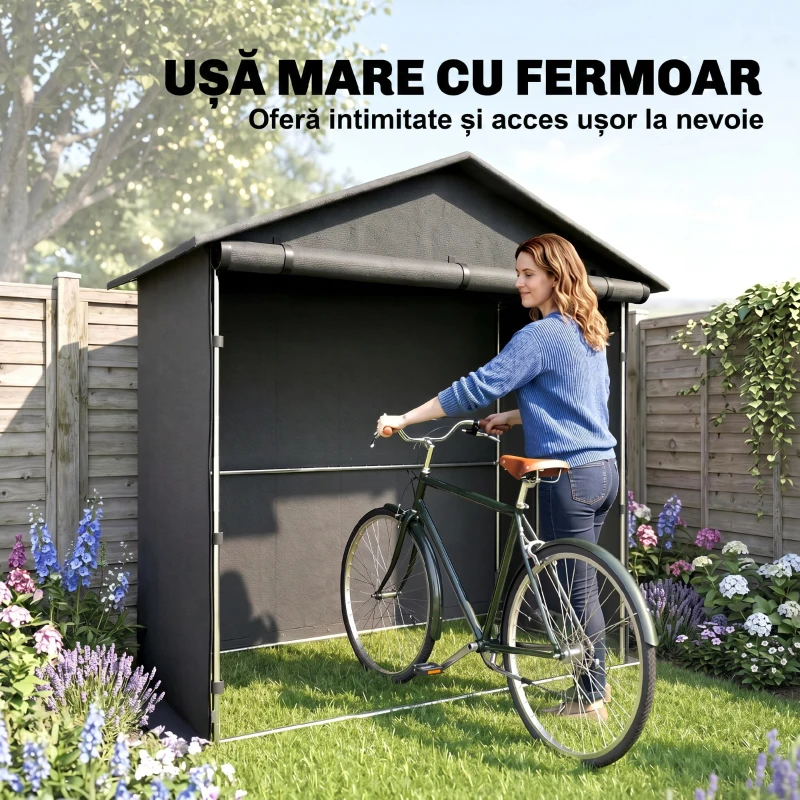 Outsunny Adăpost de Grădină 1.1x2 m cu Ușă Rulabilă, Cort Garaj pentru Biciclete și Motociclete, Gri Închis(m-5)