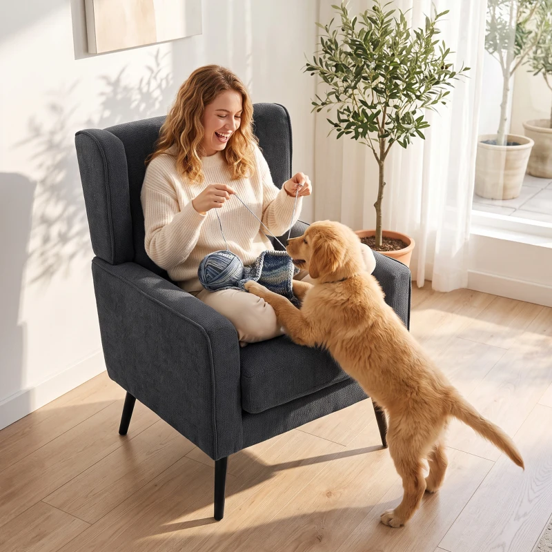 HOMCOM Poltrona para Quarto em Chenille Estilo Moderno de Meados do Século com Pernas em Madeira de Seringueira, Cinza Escuro