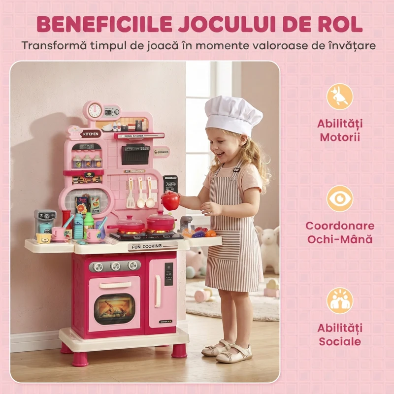 AIYAPLAY Bucătărie de Jucărie pentru Copii cu Lumini și Sunete, Vârste 3-6 Ani, Roz
