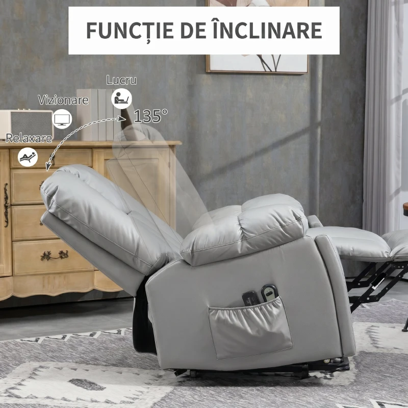 HOMCOM Fotoliu Reclinabil cu Funcție de Ridicare, 8 Puncte de Masaj și Telecomandă, din Microfibră, 94x96x106 cm, Gri