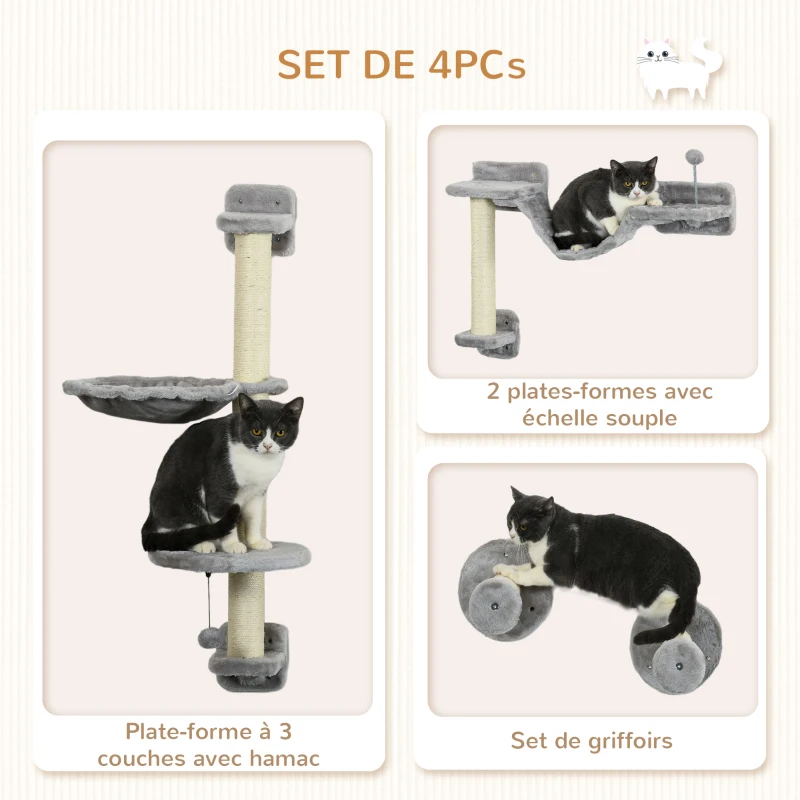 PawHut Arbre à chat parcours mural complet 4 pièces hamac, pompon, plateformes de saut, poteau en sisal et échelle peluche gris