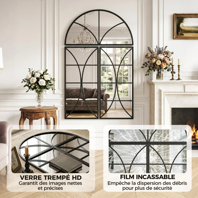 HOMCOM Miroir mural arqué 80 x 120 cm, lot de 3 pièces, miroir verrière en forme de fenêtre, verre trempé et métal, noir