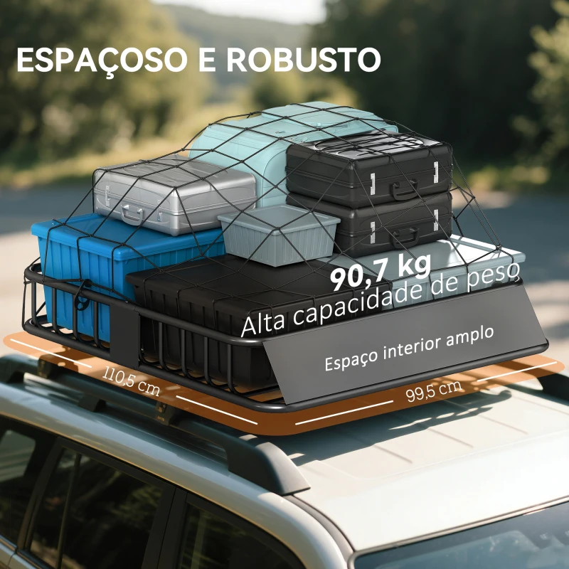 HOMCOM Cesta para Tejadilho Universal para Veículos em Aço Carga 90,7 kg com Defletor Barras Laterais 110,5x99,5x18,5 cm Preto