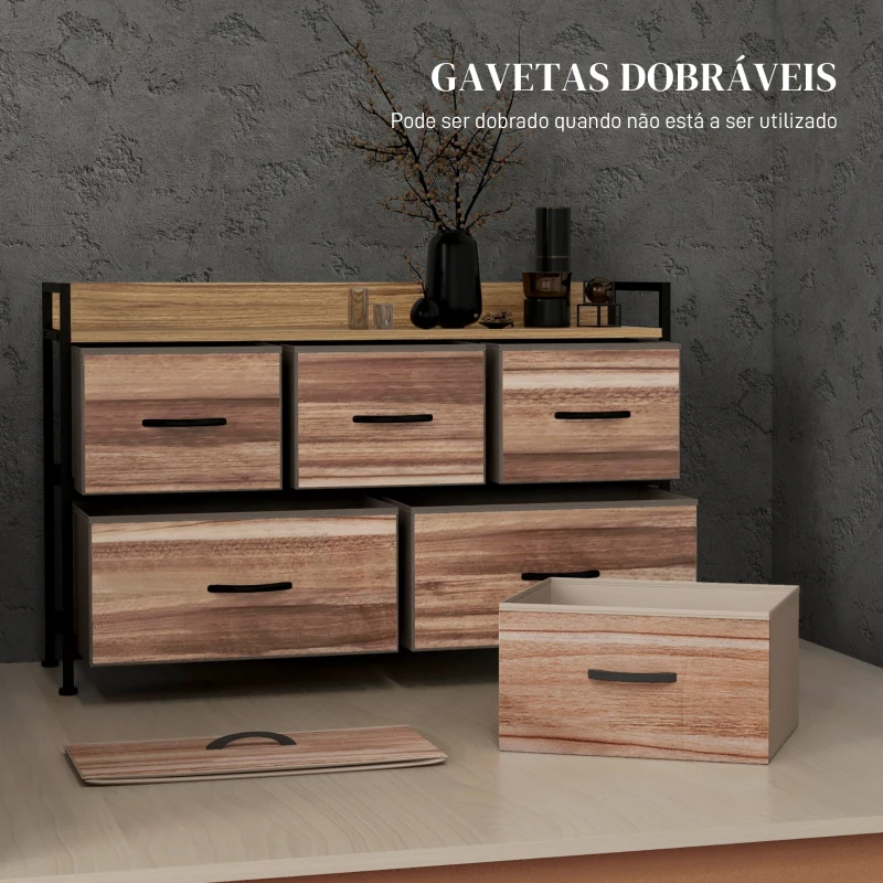 HOMCOM Cómoda com 5 Gavetas de Tecido Cómoda de Estilo Industrial com Estrutura Metálica para Quarto 98x29x63 cm Carvalho