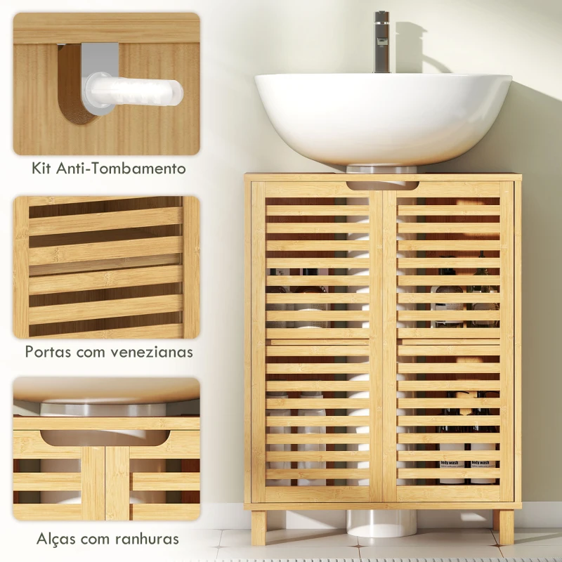 HOMCOM Móvel para Lavatório Pousar de Bambu com Prateleira Ajustável para Lavatórios com ou sem Pedestal 60x30x80 cm Madeira